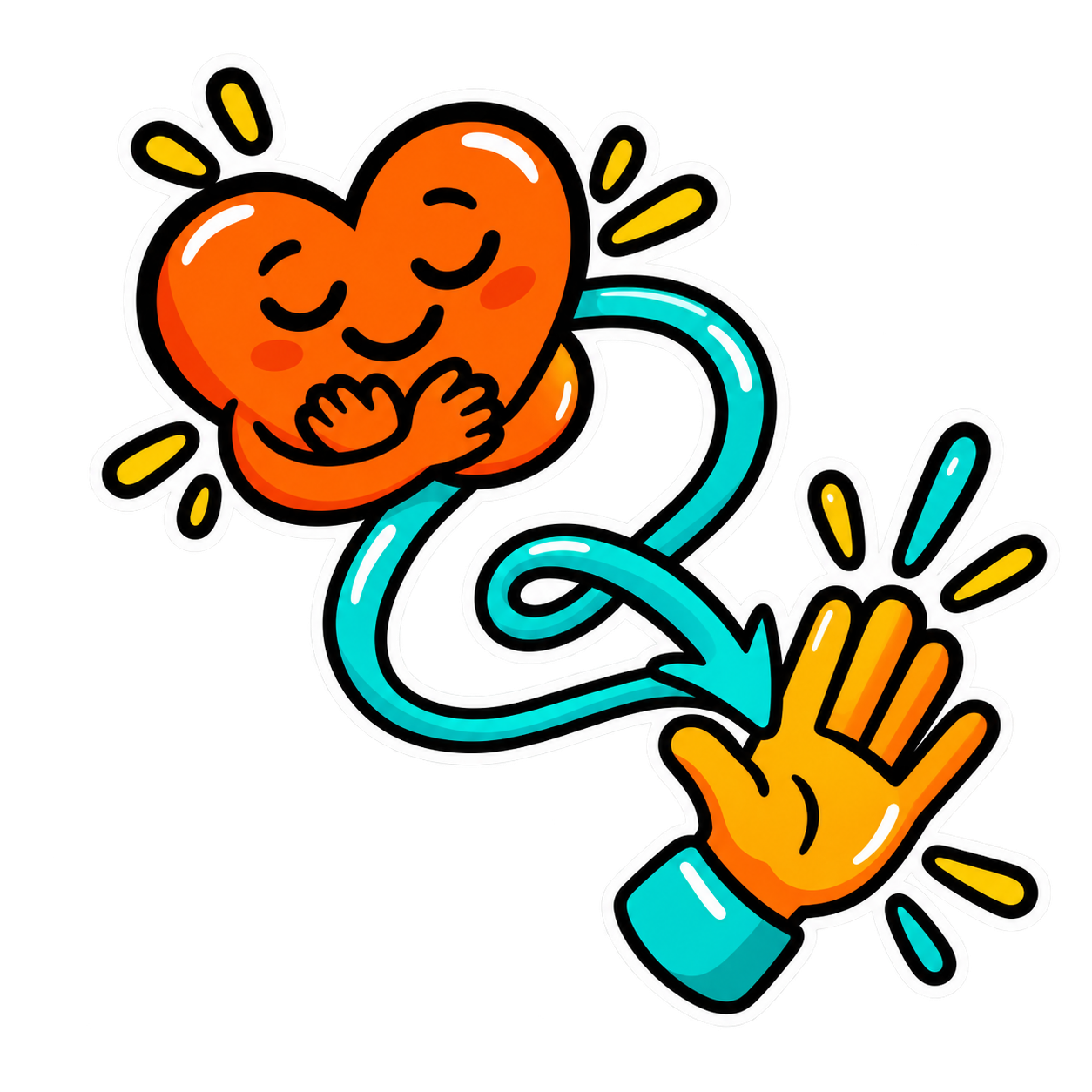 Heart and hand connected by a turquoise line